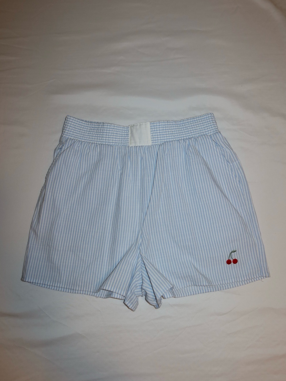 Light Blue Seersucker Lounge Shorts with Cherry Embroidery